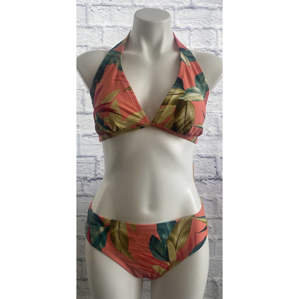 Kona Sol Elongated Triangle Halter And High Coverage Bikini Bottom Coral XL